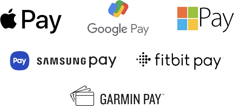 Logos of digital wallets like Apple Pay, Google Wallet and Microsoft Pay